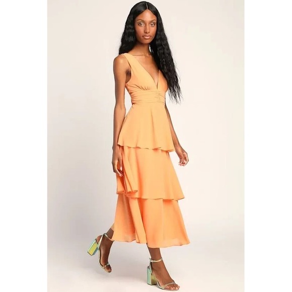 NEW Lulus Women‎ Midi Dress XS Orange Tiered Babydoll Party Day Event Wedding - Picture 3 of 13